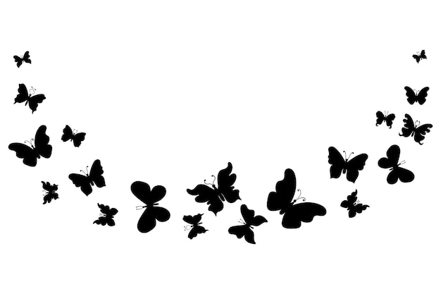 Silhueta de borboleta preta enxame voando arranjo de semicírculo borboletas vetoras elegantes espalhadas