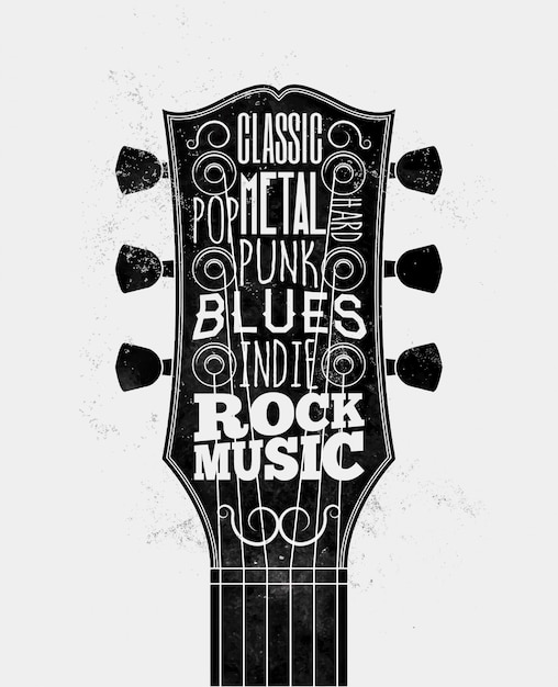 Silhueta de braço de guitarra preta com legendas de estilos de música rock.
