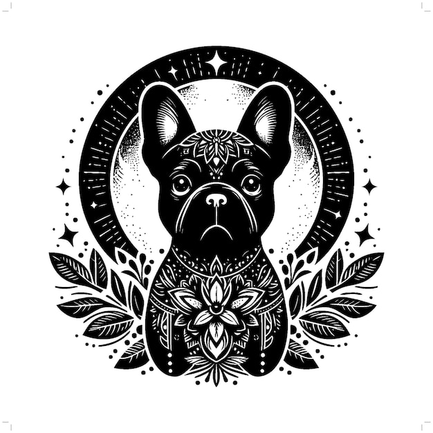 Vetor silhueta de bulldog francês em ilustração da natureza boêmia boho