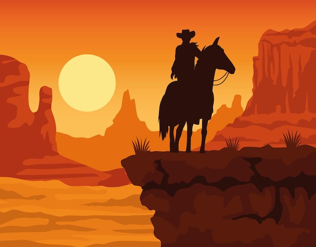 Silhueta de caubói em cena de paisagem de cavalo ao pôr do sol