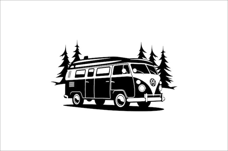 Vetor silhueta de cena de acampamento em um fundo branco ilustração de silhueta de carro de acampador aventura de acampagem