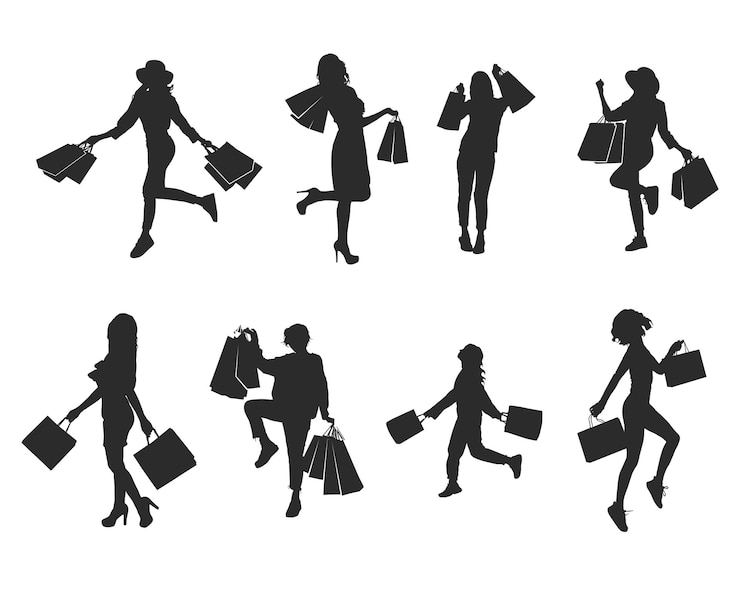 Vetor silhueta de compras de mulheres, silhuetas de mulheres com sacolas de compras