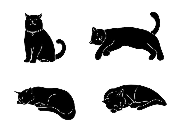 Silhueta de conjunto de ícones de gato bonito isolada no fundo branco impressão preta simples com animais de estimação gatinho dormindo em poses diferentes ilustração de estilo doodle de contorno para crianças