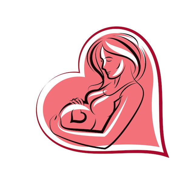 Vetor silhueta de corpo feminino grávida bonita cercada por moldura de forma de coração. ilustração em vetor mãe-a-ser desenhada. tema de felicidade e carinho.