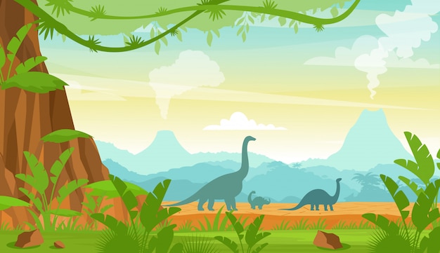 Vetor silhueta de dinossauros na paisagem do período jurássico com montanhas, vulcão e plantas tropicais em estilo cartoon plana.