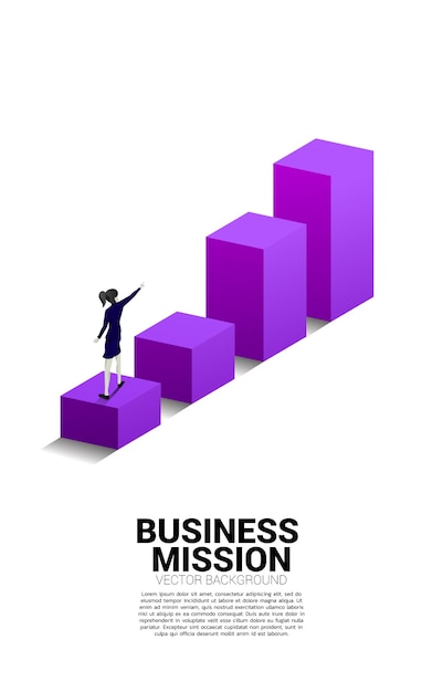 Silhueta de empresária aponta à frente no gráfico Conceito de pessoas prontas para elevar o nível de carreira e negócios