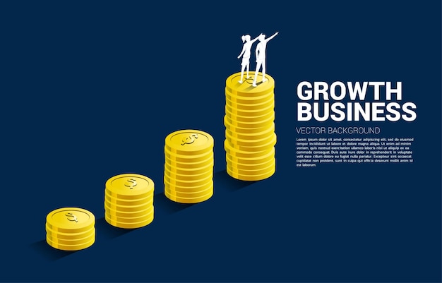 Silhueta de empresário e empresária em pé à frente em cima do gráfico de crescimento com pilha de moedas Conceito de investimento de sucesso e crescimento nos negócios
