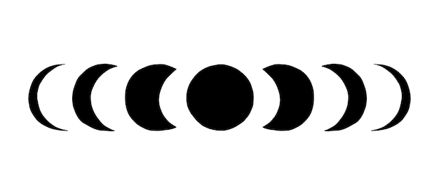 Silhueta de fases da lua Boho Fases do objeto astronômico preto isolado na ilustração horizontal do vetor de fundo branco