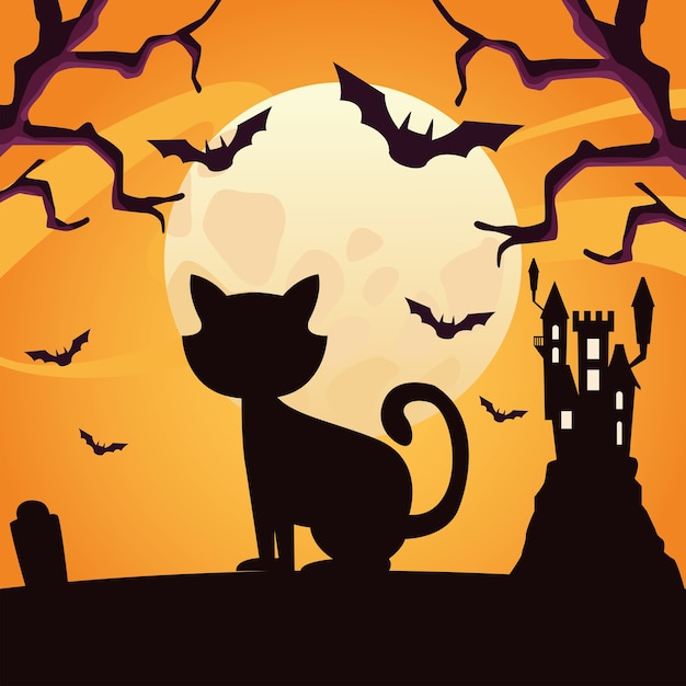 Silhueta de gato de halloween com design de morcegos, férias e tema assustador