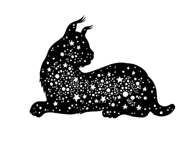 Silhueta de gato lince bobcat logotipo ou ícone de vetor preto ilustração animal mágica lua mística bruxa lince símbolo lince europeu místico isolado no branco freya arte esotérica planeta boho celestial