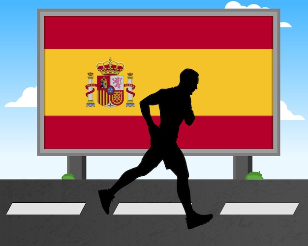 Vetor silhueta de homem correndo com a bandeira da espanha em jogos olímpicos de outdoor ou competição de maratona