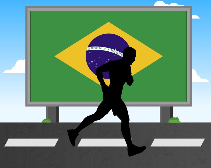 Vetor silhueta de homem correndo com a bandeira do brasil em jogos olímpicos de outdoor ou competição de maratona