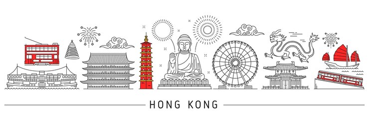 Vetor silhueta de hong kong marcos de viagens cantoneses e edifícios paisagem urbana linha vetorial cidade de hong kong grande estátua de buda templo e torre de pagode bonde lixo barco e balsa nuvens dragão e fogos de artifício