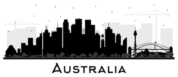 Silhueta de horizonte de cidade de austrália com edifícios pretos isolados no branco. ilustração vetorial. conceito de turismo com arquitetura histórica. austrália cityscape com pontos turísticos. sydney. melbourne.