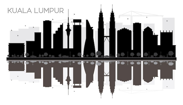 Silhueta de horizonte preto e branco de kuala lumpur city com reflexos. ilustração vetorial. conceito plano simples para apresentação de turismo, banner, cartaz ou site da web. paisagem urbana com monumentos.