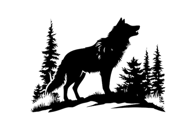 Silhueta de lobo vetorial isolada no logotipo animal da floresta selvagem branca com imagem vetorial de lobo cor preta