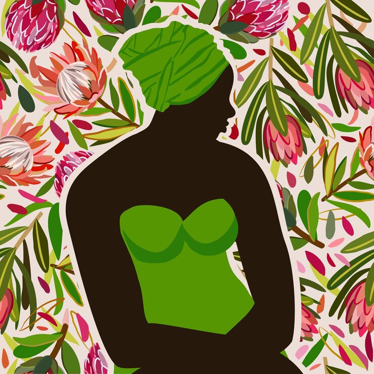 Vetor silhueta de mulher africana em turbante verde e vestido em fundo floral exótico
