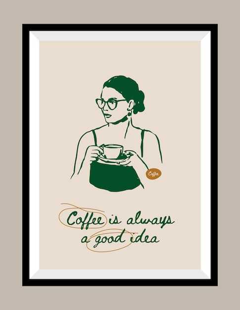 Vetor silhueta de mulher com ilustração vetorial desenhada à mão de café em uma moldura de cartaz