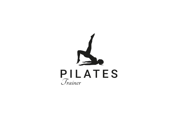 Silhueta de mulher de pilates, menina com corpo de beleza e pêlos faciais em design de logotipo de academia