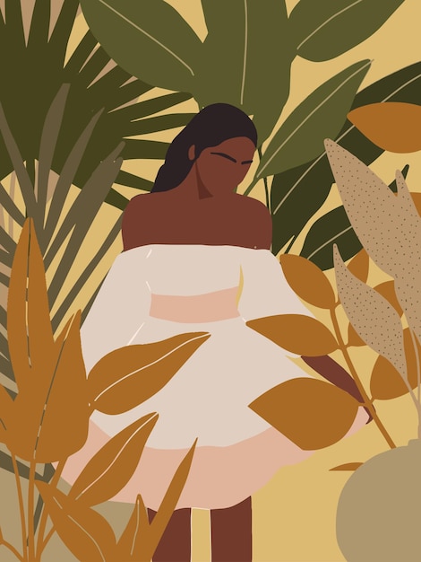 silhueta de mulher negra abstrata com selva tropical Capa da moda boho moderna