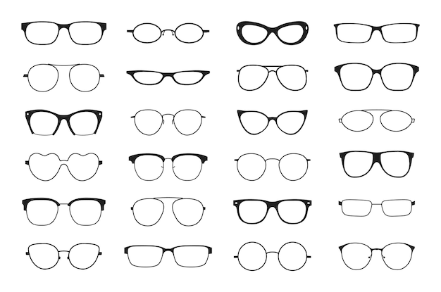 Silhueta de óculos Armações retrô ópticas hipster geek Silhuetas de plástico preto Vetor de óculos vintage e contemporâneo ilustração isolada de óculos de moda antiga e moderna