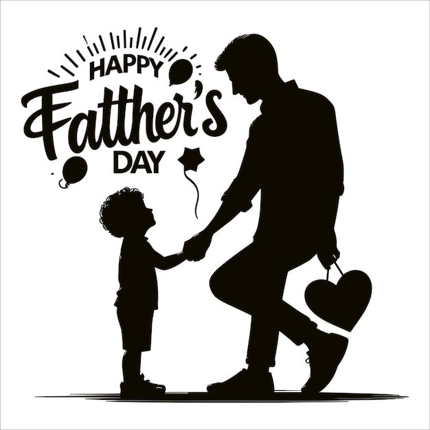 Vetor silhueta de pai e uma criança de mãos dadas e as palavras feliz dia dos pais