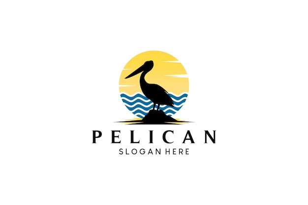 Silhueta de pássaro pelicano contra fundo natural do oceano para design de logotipo vetorial pelicano