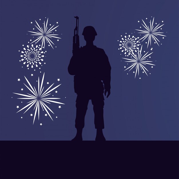 Silhueta de soldado com rifle e fogos de artifício