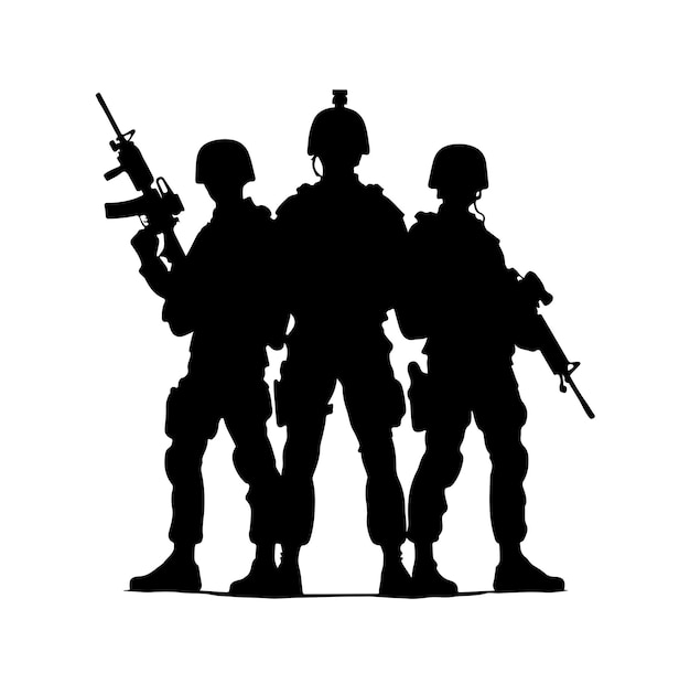 Silhueta de soldado em fundo branco Força especial do exército vestindo uniformes Soldados de pé
