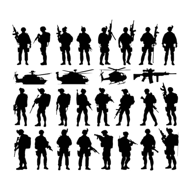 Silhueta de soldado em fundo branco Força especial do exército vestindo uniformes Soldados de pé