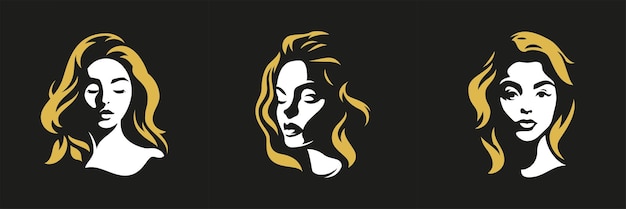 Silhueta de sombra de rosto de mulher fashion com logotipo de rosto dourado para maquiagem cosmética definida vetor plano