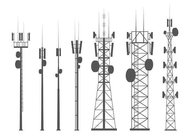 Vetor silhueta de torres de celular de transmissão. torres de comunicações móveis e de rádio com antenas