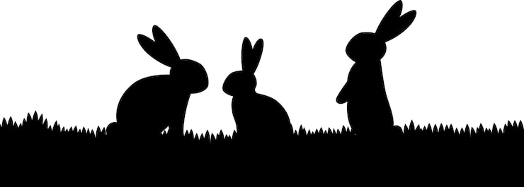 Vetor silhueta de três coelhos na ilustração vetorial de grama preta em fundo branco