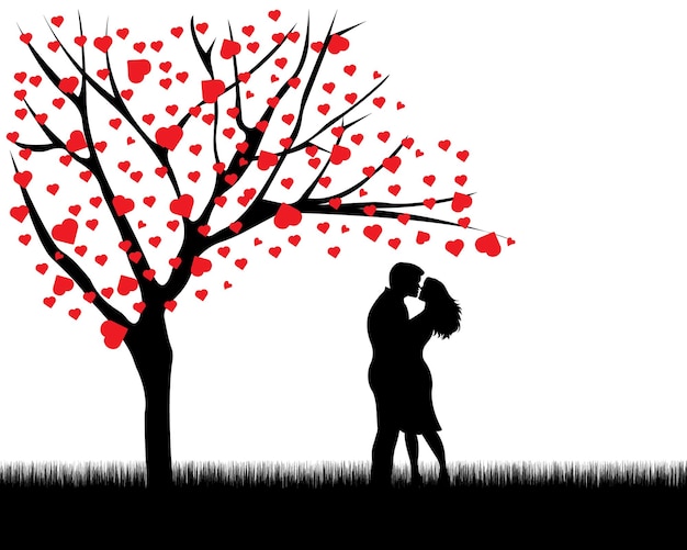 Silhueta de um casal apaixonado se beijando sob uma árvore de amor. Ilustração em vetor.