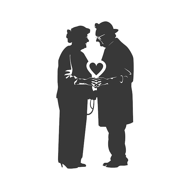 Vetor silhueta de um casal de idosos segurando um símbolo de coração só cor preta