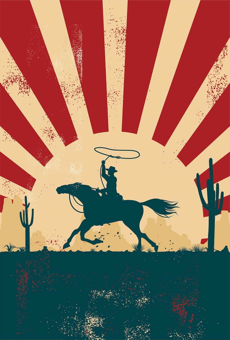 Silhueta de um cowboy cavalgando ao pôr do sol