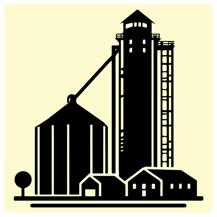 Vetor silhueta de um elevador de grãos e edifícios agrícolas