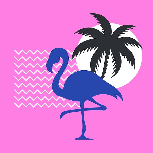 Silhueta de um flamingo em um fundo rosa com uma palmeira e o sol