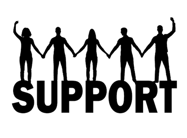 Silhueta de um grupo de pessoas felizes de cinco pessoas de mãos dadas em pé sobre uma palavra de apoio Conceito de suporte