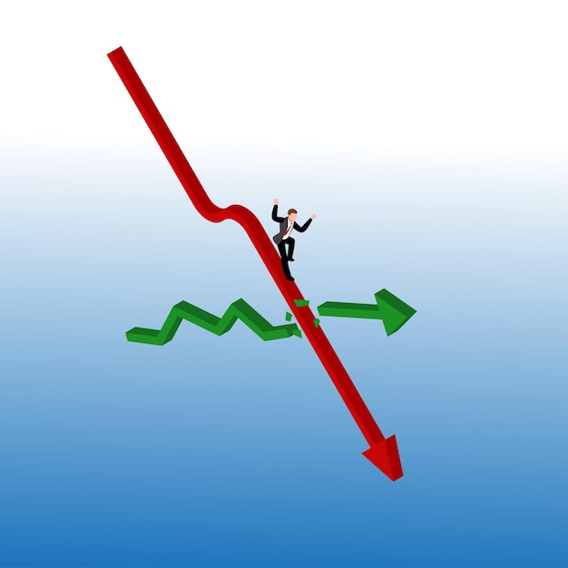 Vetor silhueta de um homem de negócios escorregando e caindo de uma flecha em crescimento