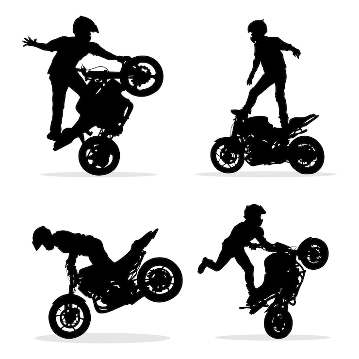 Vetor silhueta de um motociclista profissional realizando acrobacias perigosas em sua moto