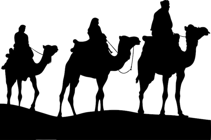 Vetor silhueta de uma caravana de camelos e nômades viajando pelo deserto