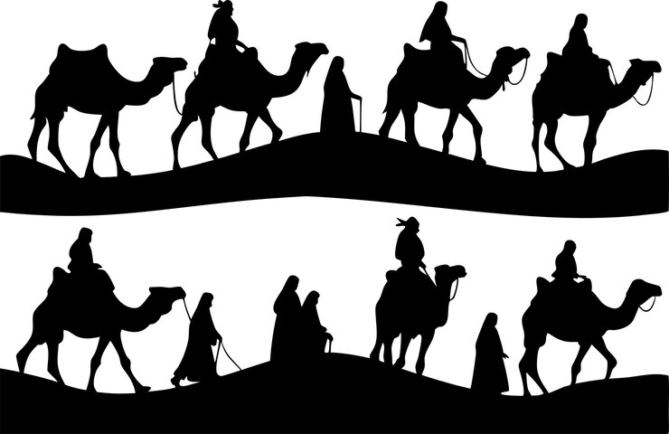 Vetor silhueta de uma caravana de camelos e nômades viajando pelo deserto