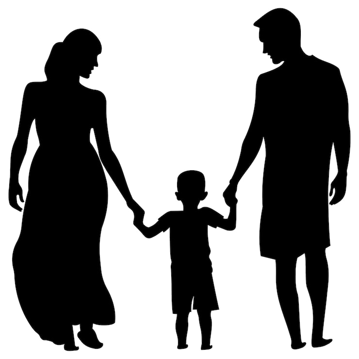 Vetor silhueta de uma família caminhando com uma criança