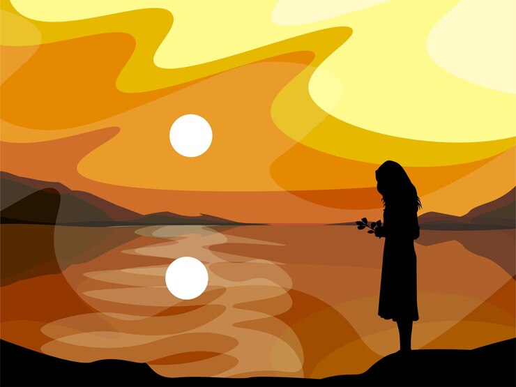 Vetor silhueta de uma menina com uma flor contra o fundo do pôr-do-sol em uma paisagem de montanha