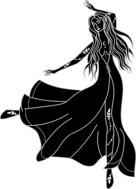 Silhueta de uma menina, silhueta de dançarina, ilustração linear de vetor de bruxa