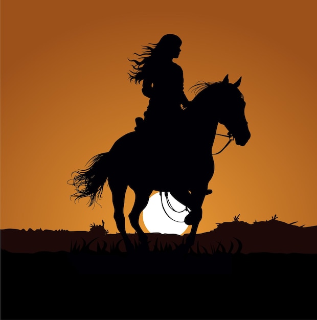 Vetor silhueta de uma mulher andando a cavalo ao pôr do sol