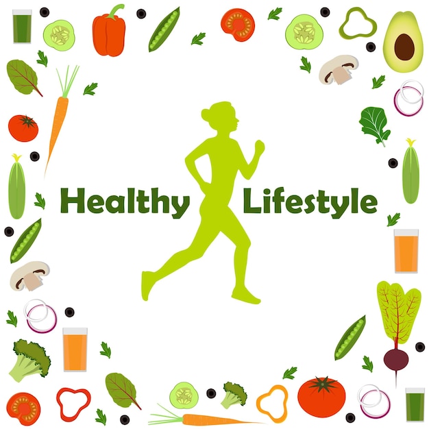 Vetor silhueta de uma mulher correndo cercada por ícones de vegetais ilustração de estilo de vida saudável