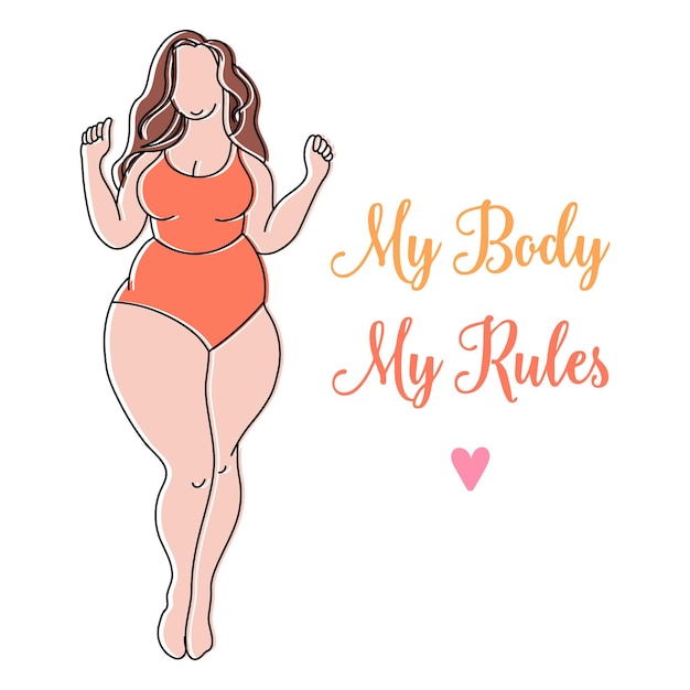 Silhueta de uma mulher gorda em traje de banho, esboço. Meu corpo, minhas regras. Conceito de corpo positivo. arte de linha