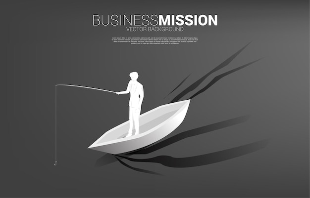 Silhueta do empresário em pé com o anzol de pesca no barco. banner de direcionamento e isca em negócios.